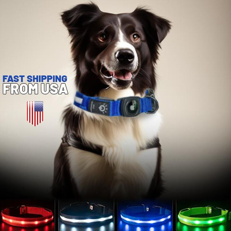 LED Dog Collar with Airtag Holder: Rechargeable, Waterproof, Adjustable, Soft, Reflective